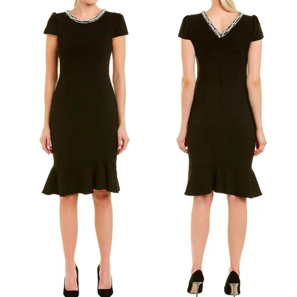 Betsey Johnson Black Dress Pearl Fringe Collar Black Cap Sleeve Ruffle Hem Sz 8 - Picture 16 of 16